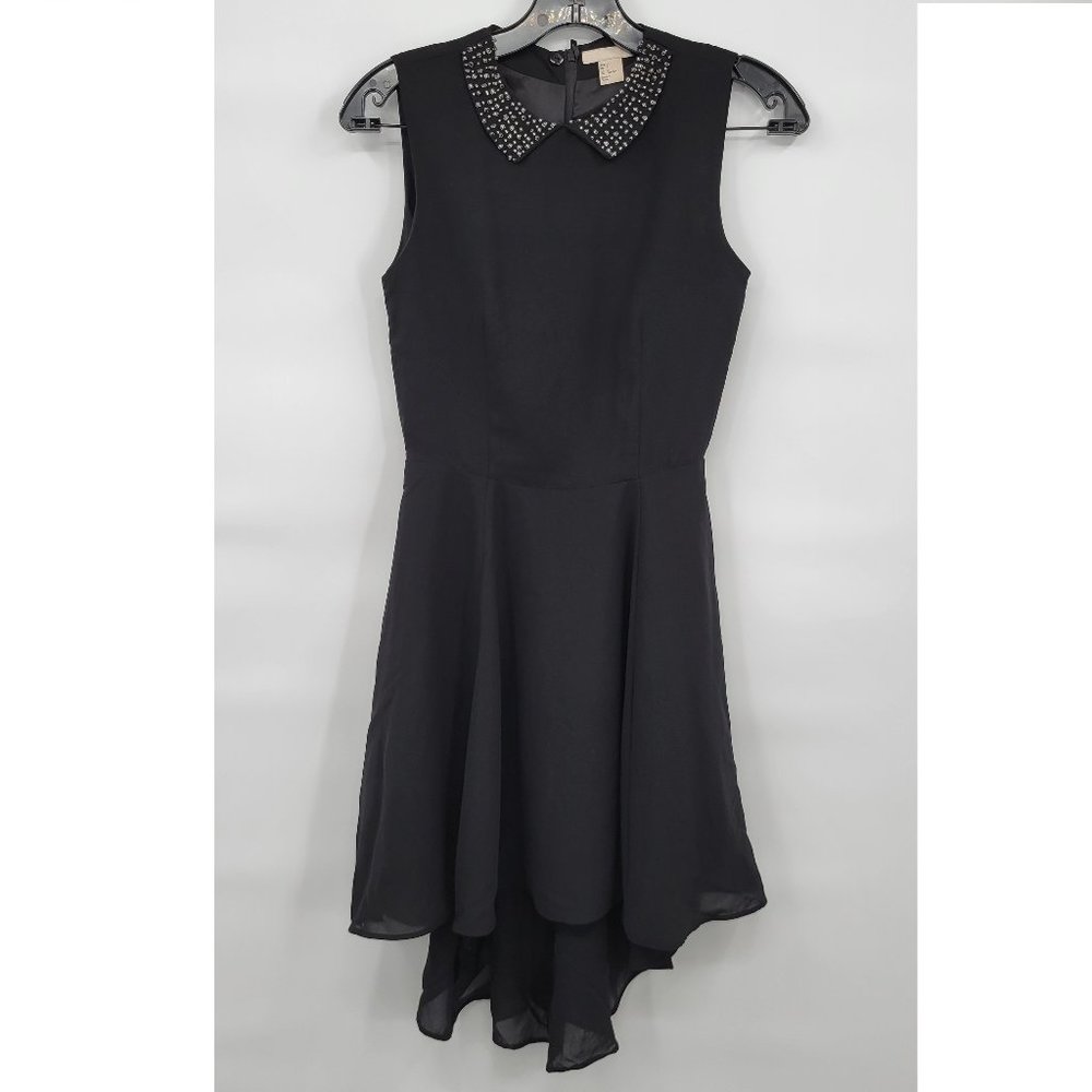 H&M Women Black Sleeveless Hi Low Studded Collar Flare Mini Dress Size 2
